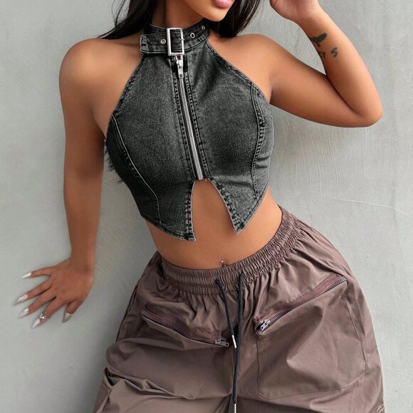 Black Sexy Women's Backless Slim-Fit Denim Top With Halter Neck - Picture 1 of 6